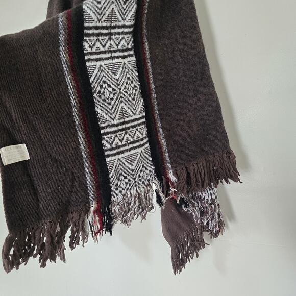 Vintage Virgin Wool Blanket Poncho OS Western Aztec Fringe Boho Brown Shawl Wrap - Picture 5 of 8